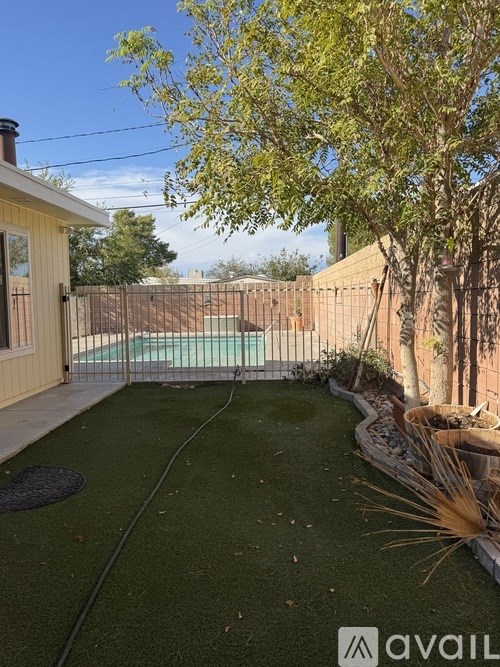 A backyard with a pool and a fence.