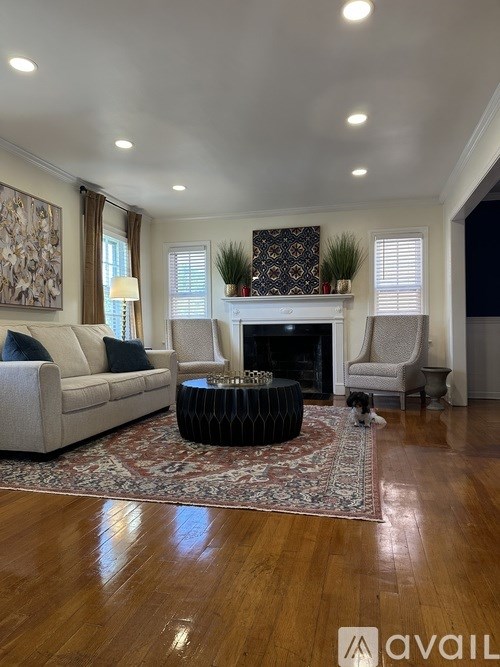 A living room with a fireplace and a rug.