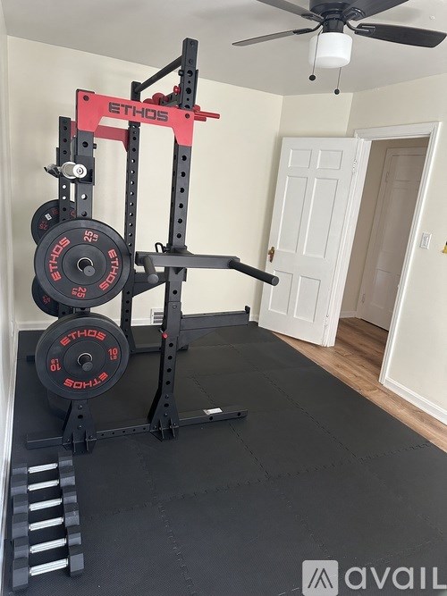 A red and black weightlifting machine with the word "ETHOS" on it.