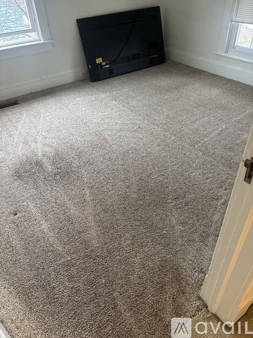 A room with a grey carpet and a black box on the floor.