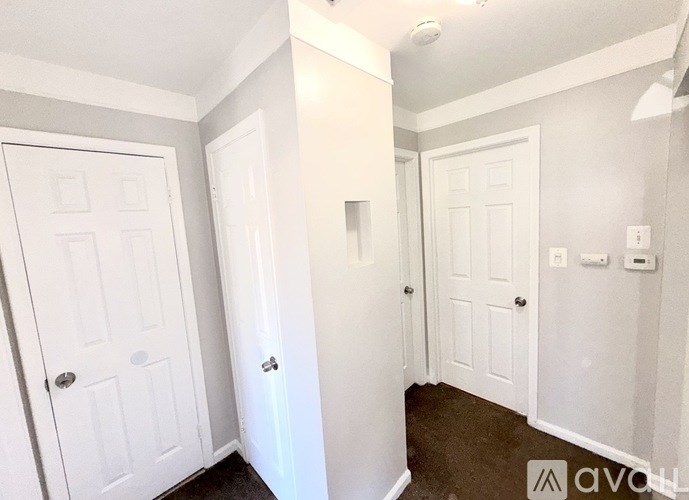 A hallway with white doors and a brown carpet.