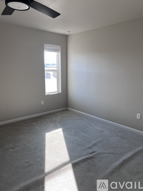 A room with a fan and a window letting in sunlight.