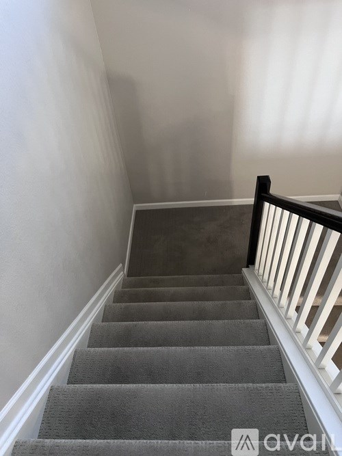 A staircase with a carpeted runner and white balusters.