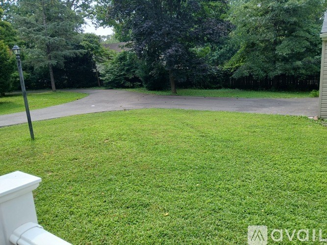 A grassy area with a white fence and trees in the background.