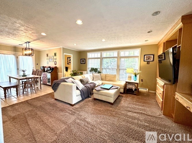 A living room with a couch, a chair, a dining table, and a television.