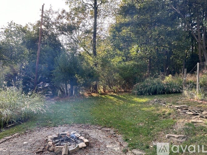 A campfire is burning in a circle of rocks in a grassy clearing.