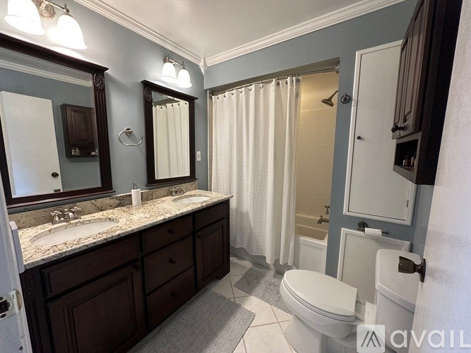 A bathroom with a sink, mirror, toilet, and shower.