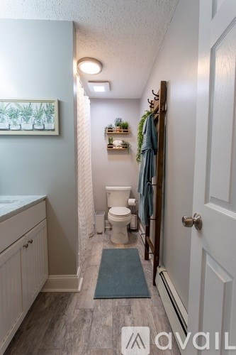 A bathroom with a toilet, sink, and a green rug on the floor.