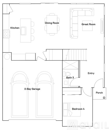 A floor plan of a house with a kitchen, dining room, great room, porch, two-bay garage, and three bedrooms.