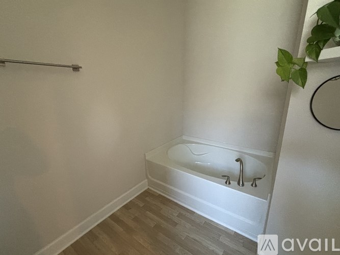 A white bathroom with a tub and a plant.