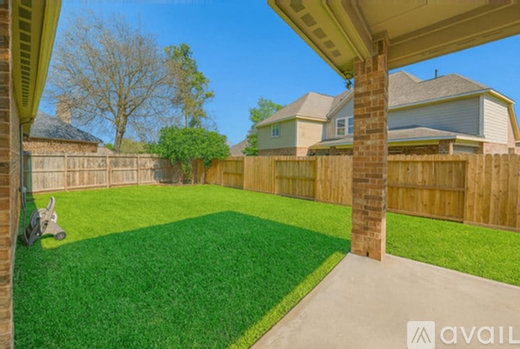 A backyard with a green lawn and a wooden fence.