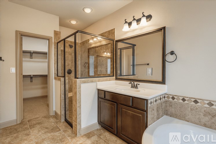 A bathroom with a walk-in shower and a vanity with a sink.