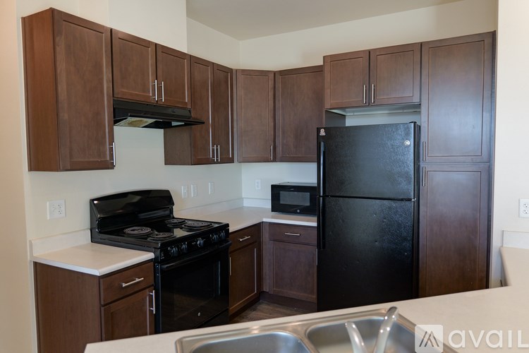 A kitchen with a black refrigerator and stove.