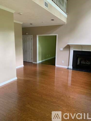 A room with a fireplace and a green door.