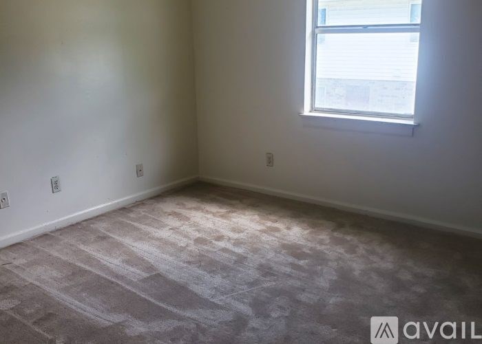 A room with a window and a carpeted floor.