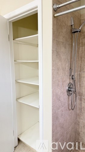A white open pantry door is next to a shower.