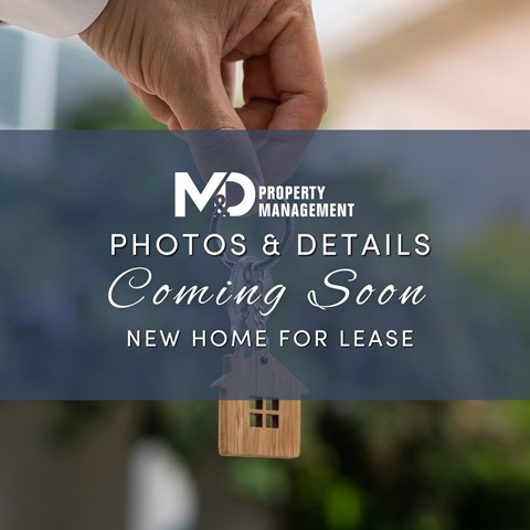 A hand holding a small house model with text overlay about property management and a new home for lease.