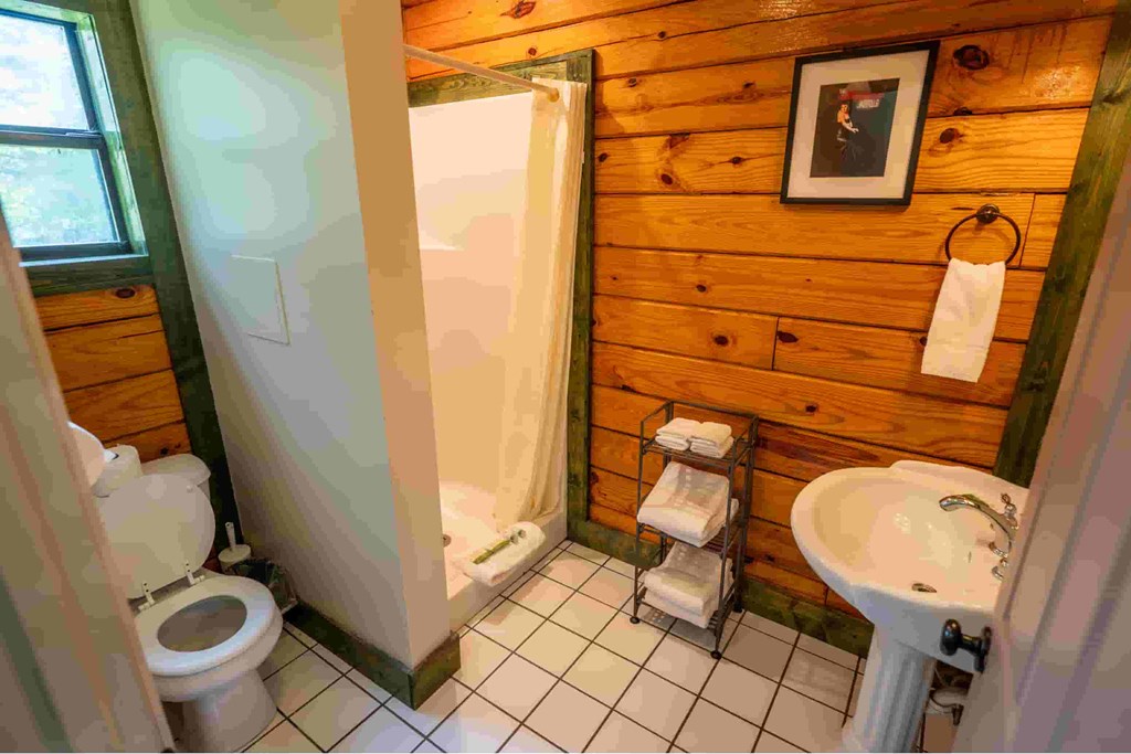 A bathroom with a toilet, sink, and shower.