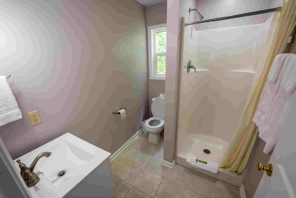 A bathroom with a sink, toilet, and shower.