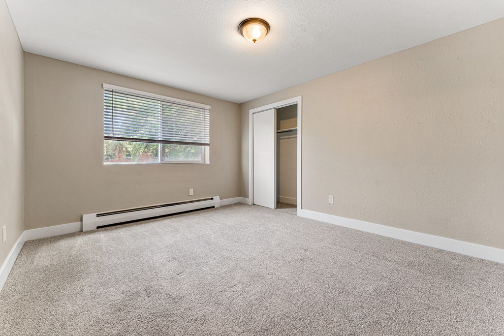 A room with a carpeted floor, a window with blinds, and a door.