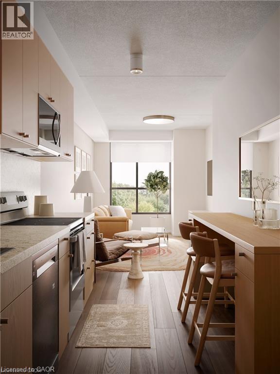 A modern kitchen with wooden cabinets and a large island.