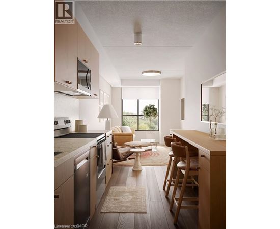 A modern kitchen with wooden cabinets and a large island.