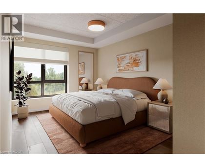 A bedroom with a large bed and a window overlooking a green landscape.
