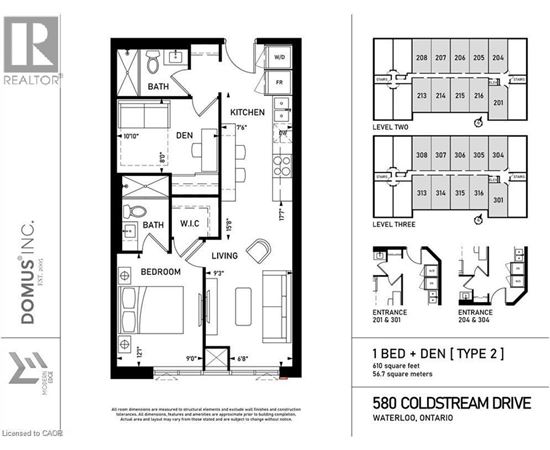 A floor plan for a 1 bedroom apartment in Waterloo, Ontario.