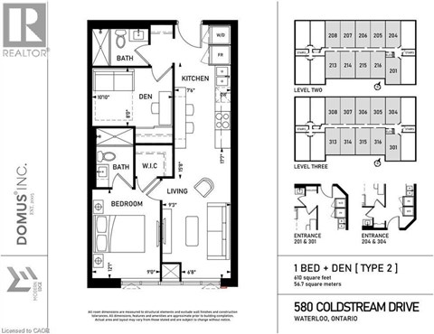 A floor plan for a 1 bedroom apartment in Waterloo, Ontario.