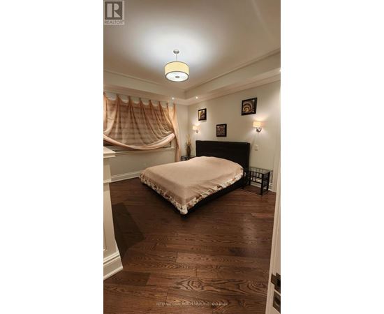 A bedroom with a bed, a canopy, and pictures on the wall.