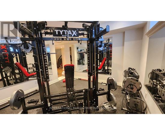 A gym with a Tytan X squat rack and weights.