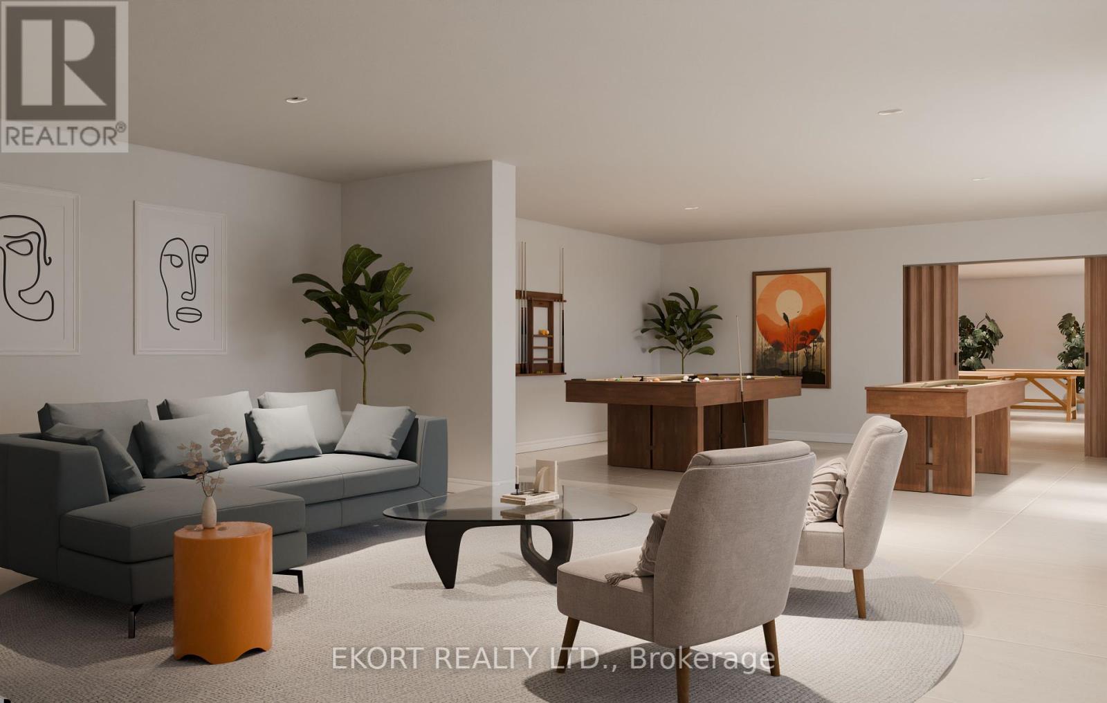 A modern living room with a grey sofa, a coffee table, and a dining table with chairs.