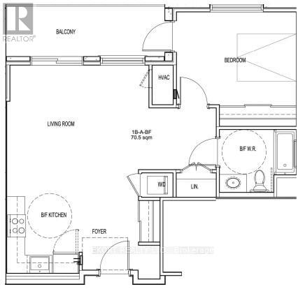 A floor plan of a home with a living room, bedroom, and kitchen.