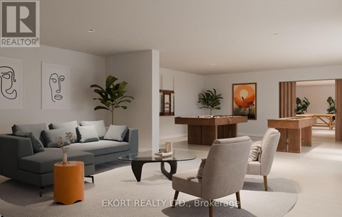 A modern living room with a grey sofa, a coffee table, and a dining table with chairs.