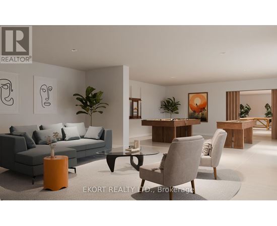 A modern living room with a grey sofa, a coffee table, and a dining table with chairs.