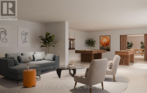 A modern living room with a grey sofa, a coffee table, and a dining table with chairs.