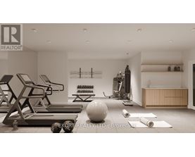 A gym with a variety of equipment including a treadmill, weights, and a yoga mat.