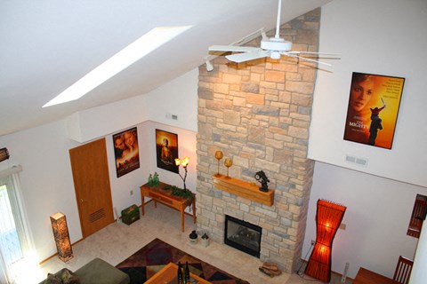 A living room with a fireplace and a painting of a woman.