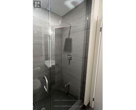 A bathroom with a glass shower stall and a toilet.