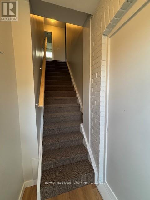 A staircase with a carpeted runner and white walls.