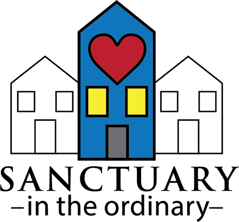 A graphic of a house with a heart on the front and the word "sanctuary" written below it.