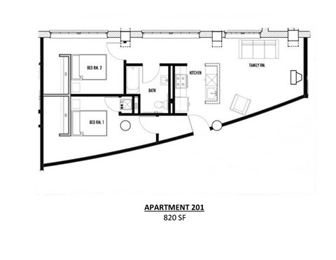 Apartment 201 is a 820 square foot space with a kitchen, bath, and two bedrooms.