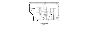 Apartment 202 is a 532 square foot space with a family room, kitchen, and bedroom.