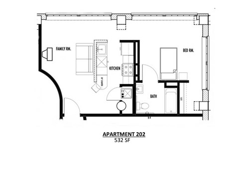 Apartment 202 is a 532 square foot space with a family room, kitchen, and bedroom.