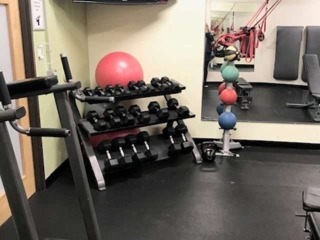 A gym with a red ball, black dumbbells, and a bench press.