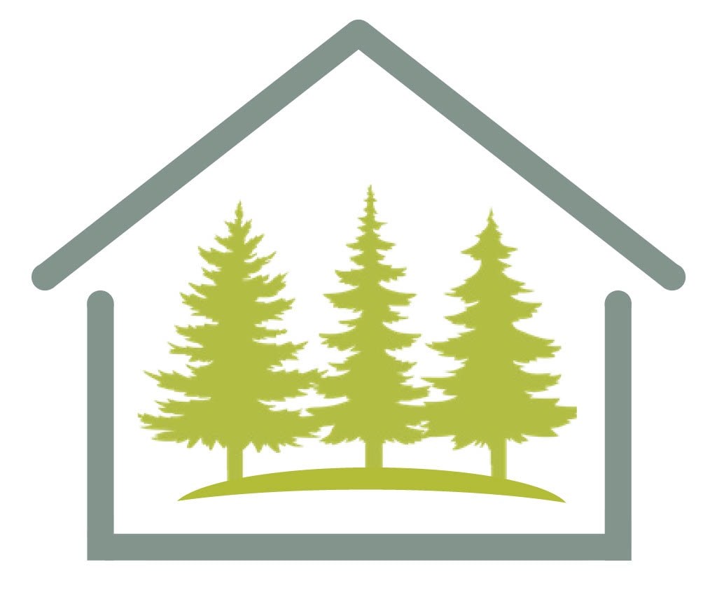 A graphic of a house with trees in front of it.