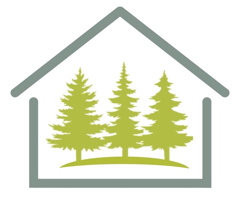 A graphic of a house with trees in front of it.