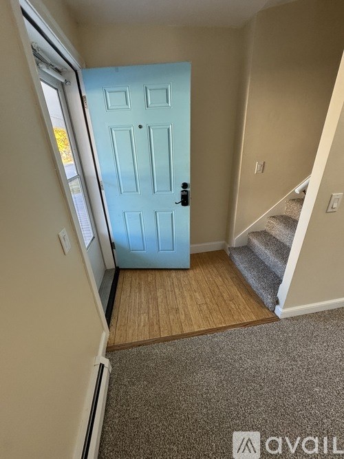 A blue door is in a hallway with a carpeted floor.