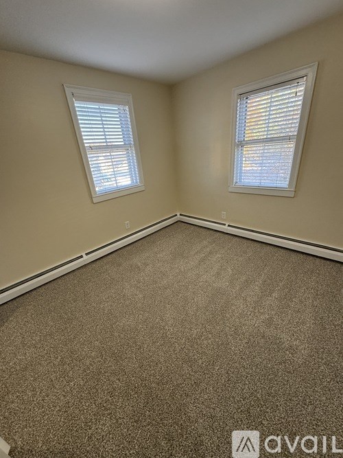 A room with carpeted floor and two windows.