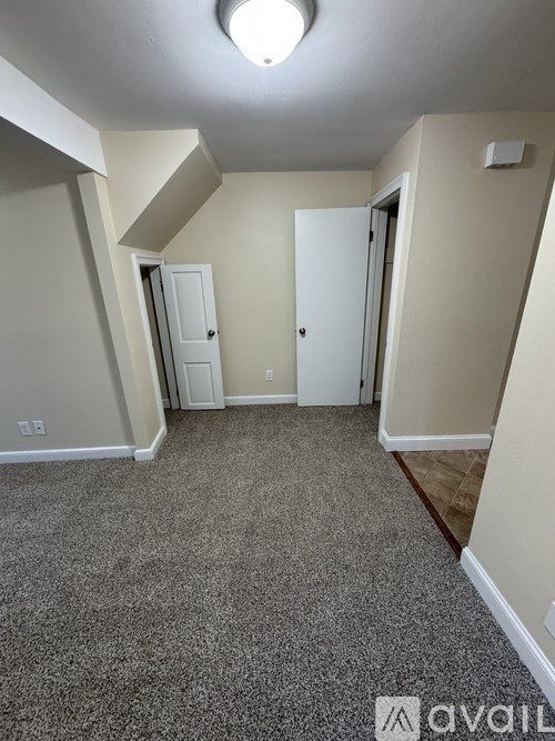 A carpeted room with a ceiling light and two doors.